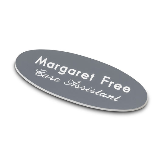 Personalised Engraved School Student Office Name Badge Oval Magnetic Grey/White