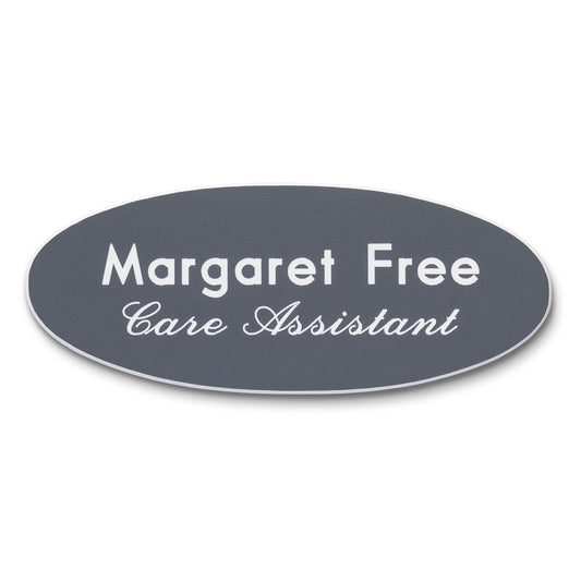 Personalised Engraved School Student Office Name Badge Oval Magnetic Grey/White