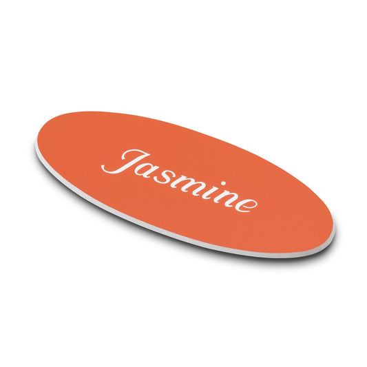 Personalised Engraved School Student Office Name Badge Oval Magnetic Orange/White
