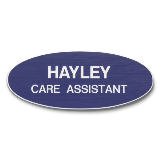 Personalised Engraved School Student Office Name Badge Oval Pin Purple/White