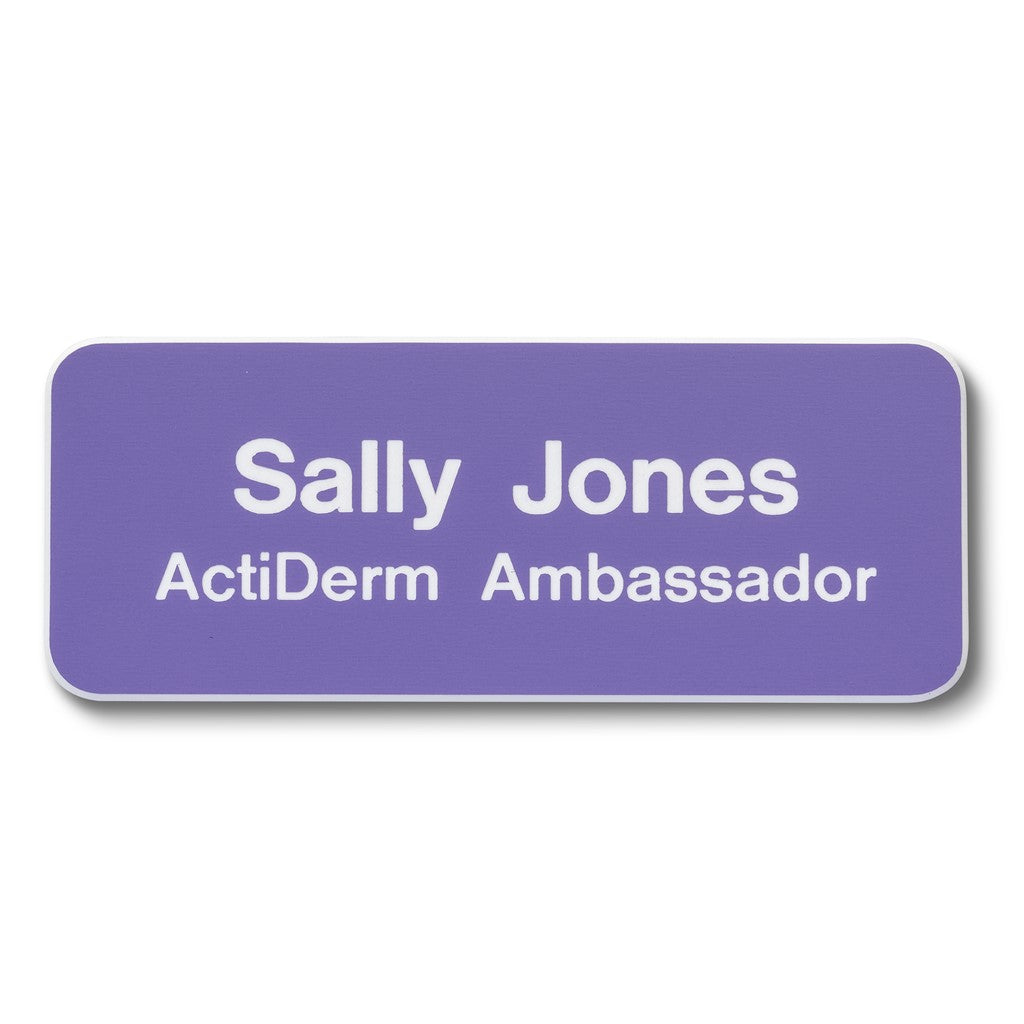 Personalised Engraved School Student Office Name Badge Magnetic Purple/White