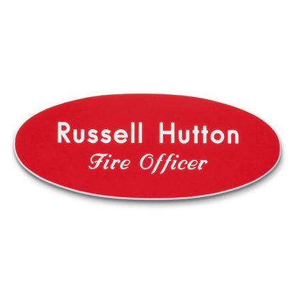 Personalised Engraved School Student Office Name Badge Oval Magnetic Red/White