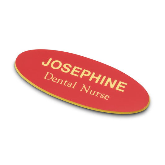 Personalised Engraved School Student Office Name Badge Oval Magnetic Red/Yellow