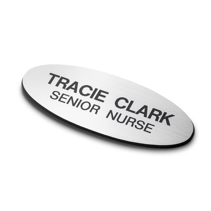 Personalised Engraved School Student Office Name Badge Oval Magnetic Silver/Black