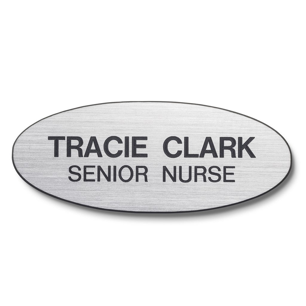 Personalised Engraved School Student Office Name Badge Oval Magnetic Silver/Black