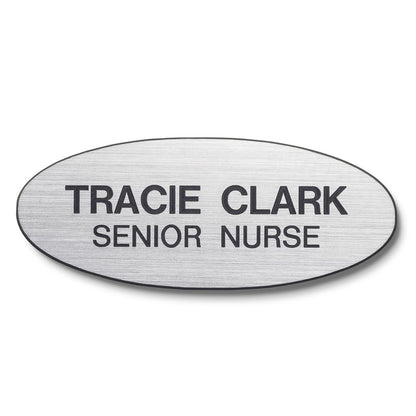 Personalised Engraved School Student Office Name Badge Oval Magnetic Silver/Black