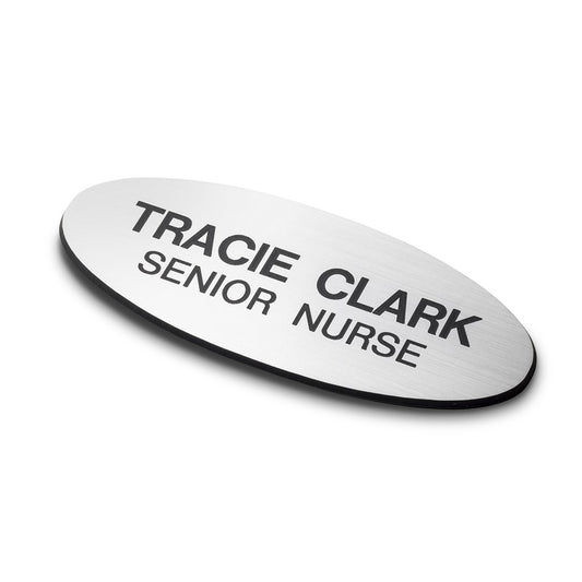 Personalised Engraved School Student Office Name Badge Oval Pin Silver/Black