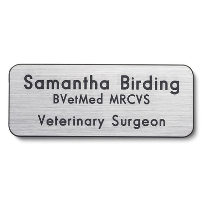 Personalised Engraved School Student Office Name Badge Pin Silver/Black