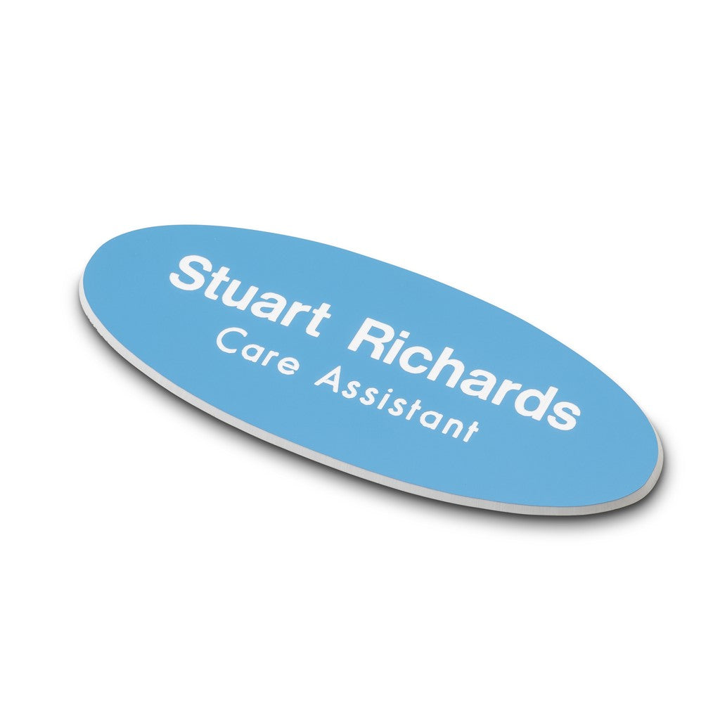 Personalised Engraved School Student Office Name Badge Oval Magnetic Sky Blue/White