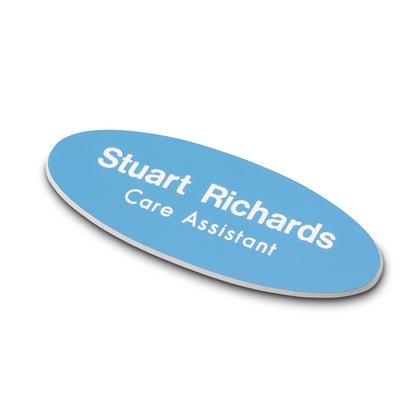 Personalised Engraved School Student Office Name Badge Oval Magnetic Sky Blue/White