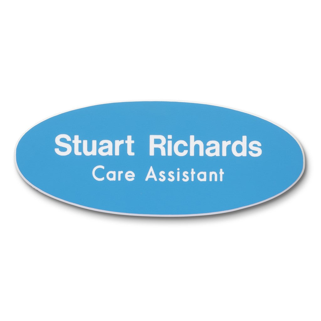 Personalised Engraved School Student Office Name Badge Oval Magnetic Sky Blue/White