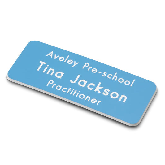 Personalised Engraved School Student Office Name Badge Magnetic Sky Blue/White