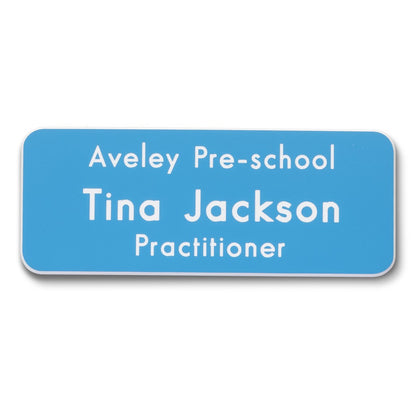 Personalised Engraved School Student Office Name Badge Magnetic Sky Blue/White