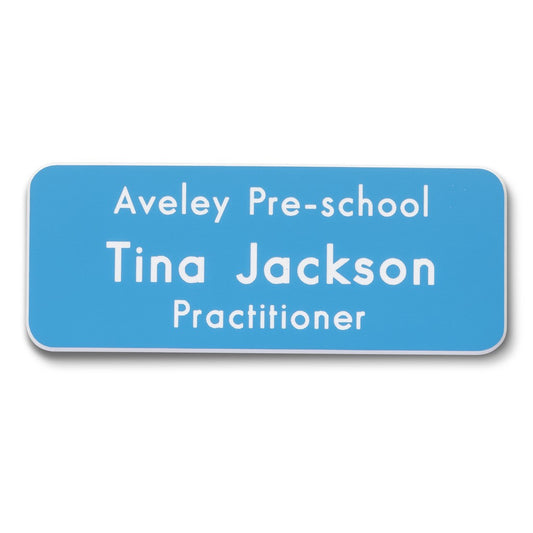 Personalised Engraved School Student Office Name Badge Magnetic Sky Blue/White