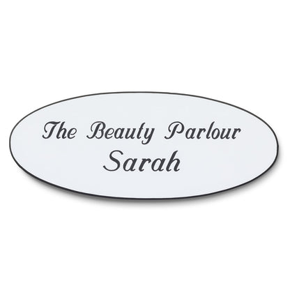 Personalised Engraved School Student Office Name Badge Oval Magnetic White/Black