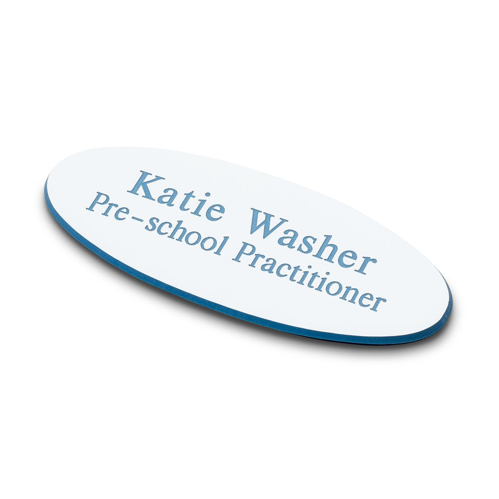 Personalised Engraved School Student Office Name Badge Oval Magnetic White/Blue