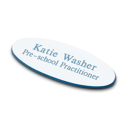 Personalised Engraved School Student Office Name Badge Oval Magnetic White/Blue