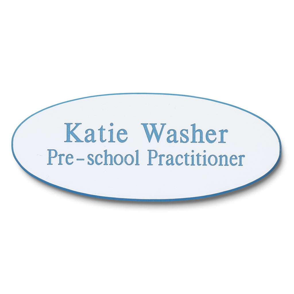 Personalised Engraved School Student Office Name Badge Oval Magnetic White/Blue