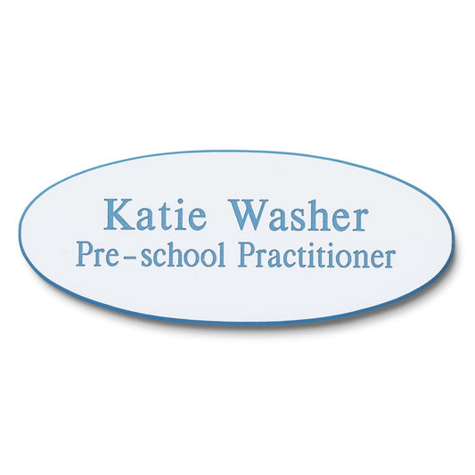 Personalised Engraved School Student Office Name Badge Oval Magnetic White/Blue