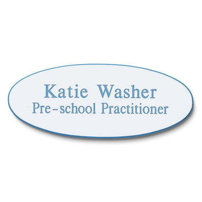 Personalised Engraved School Student Office Name Badge Oval Pin White/Blue