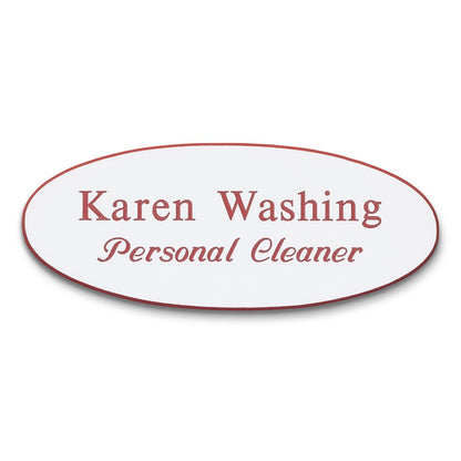 Personalised Engraved School Student Office Name Badge Oval Magnetic White/Red