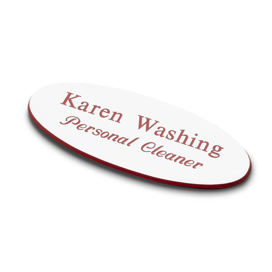 Personalised Engraved School Student Office Name Badge Oval pin White/Red