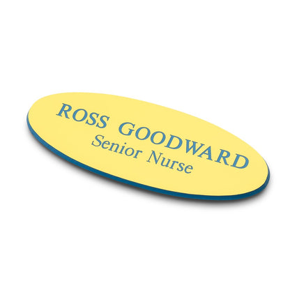 Personalised Engraved School Student Office Name Badge Oval Magnetic Yellow/Blue
